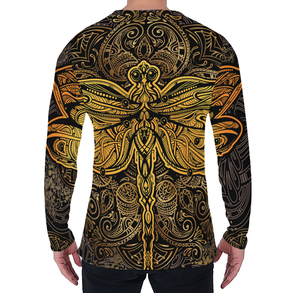 Gold Boho Dragonfly Print Men's Long Sleeve T-Shirt