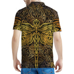 Gold Boho Dragonfly Print Men's Polo Shirt