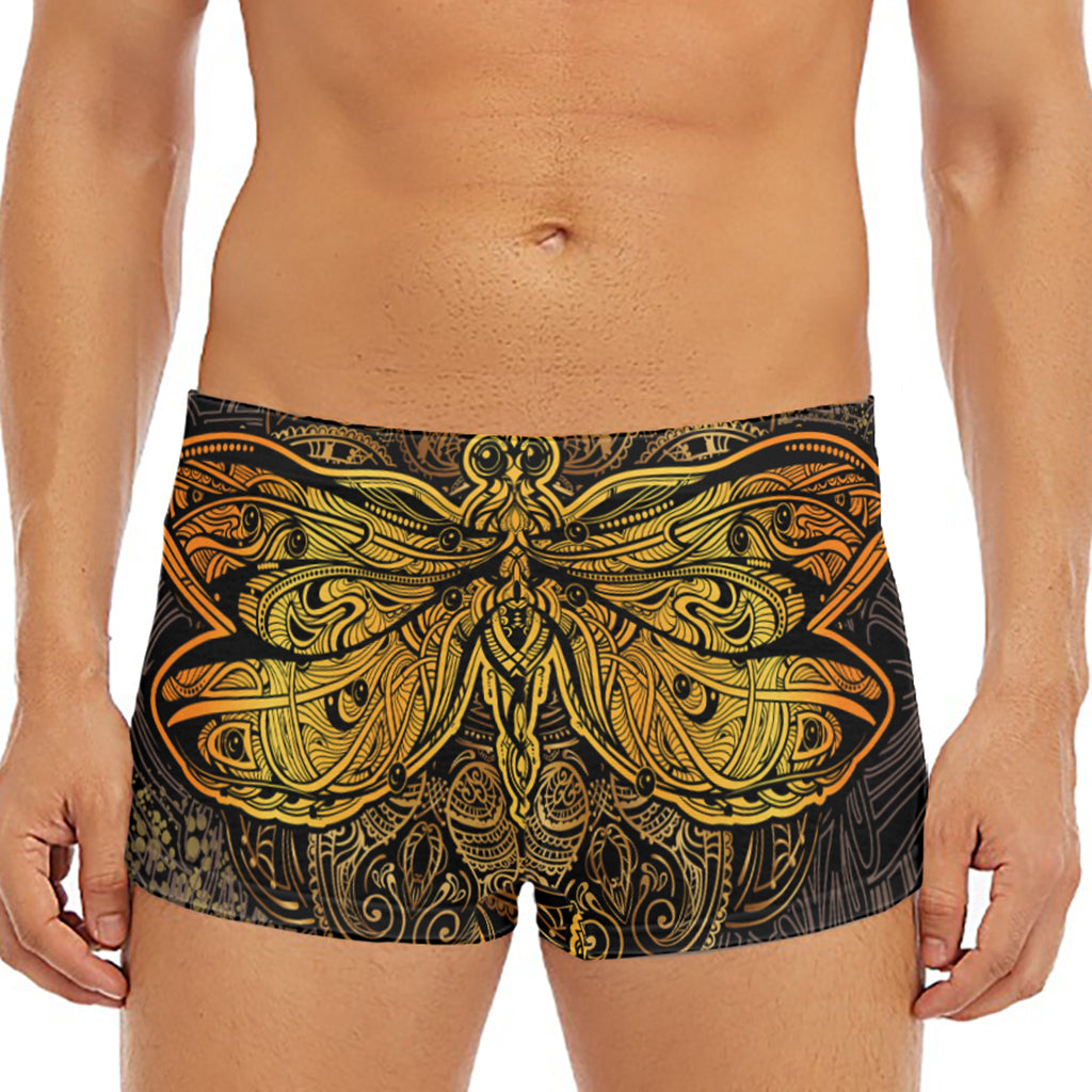 Gold Boho Dragonfly Print Men's Short Boxer Briefs