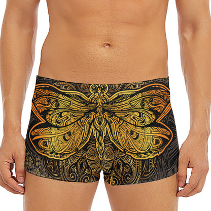 Gold Boho Dragonfly Print Men's Short Boxer Briefs