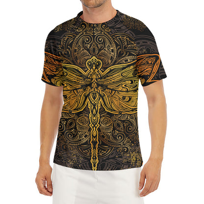 Gold Boho Dragonfly Print Men's Short Sleeve Rash Guard