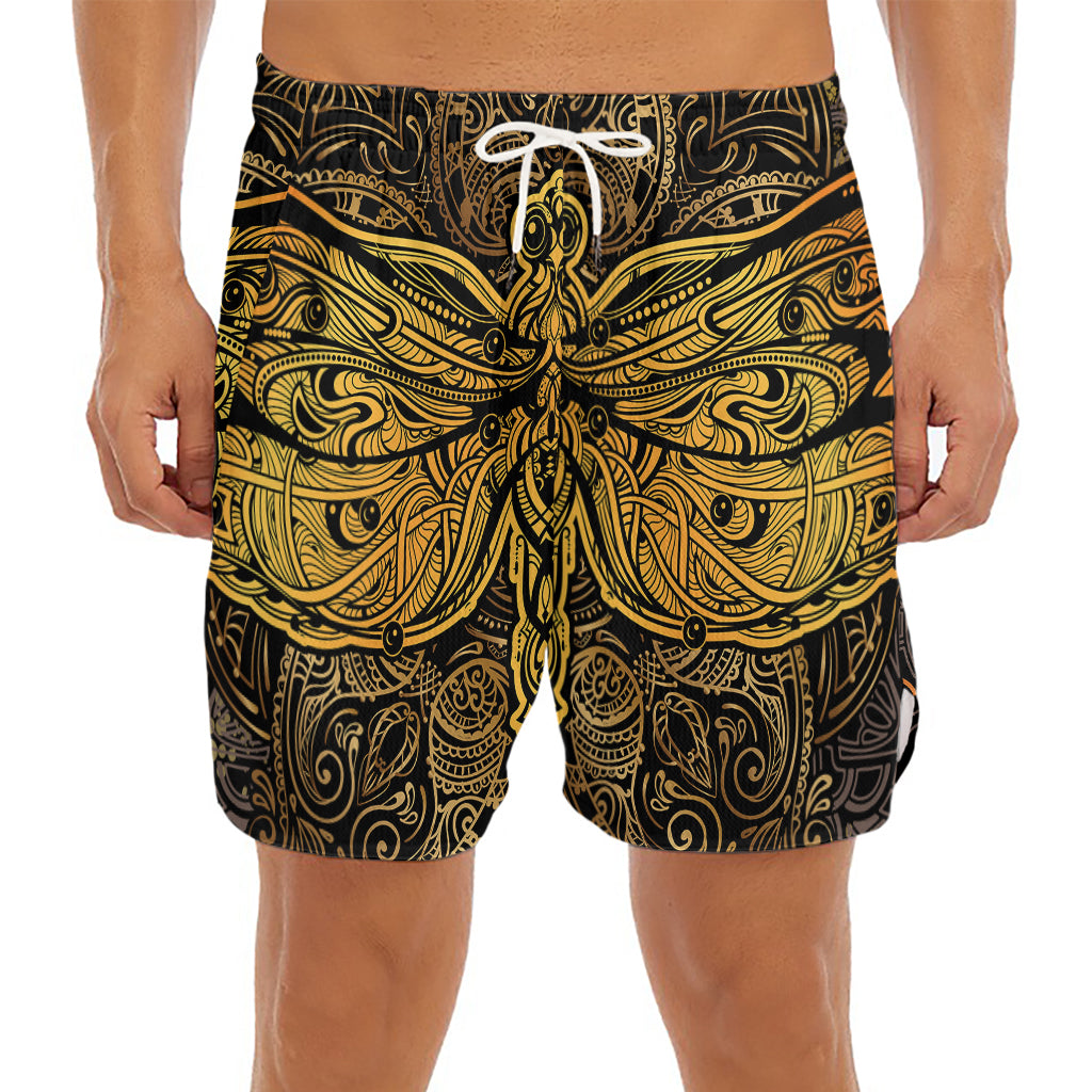 Gold Boho Dragonfly Print Men's Split Running Shorts