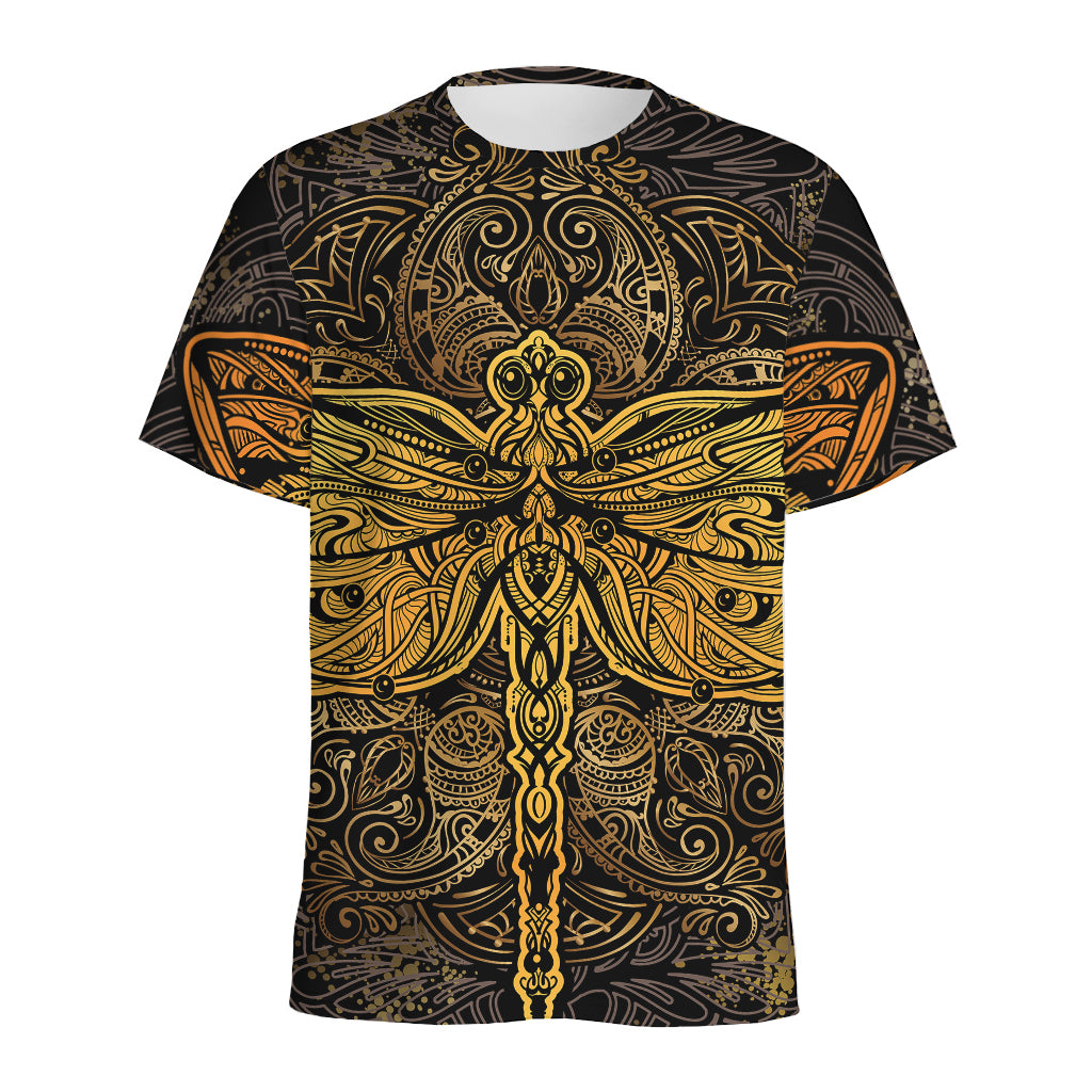 Gold Boho Dragonfly Print Men's Sports T-Shirt