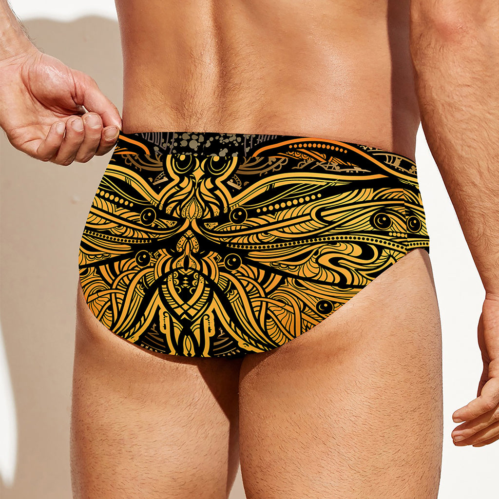 Gold Boho Dragonfly Print Men's Swim Briefs