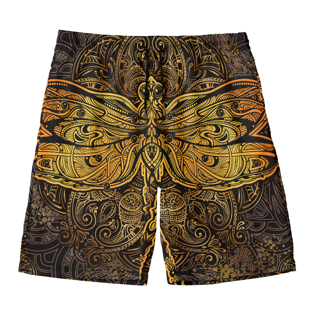 Gold Boho Dragonfly Print Men's Swim Trunks