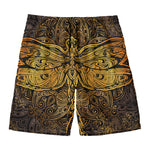 Gold Boho Dragonfly Print Men's Swim Trunks