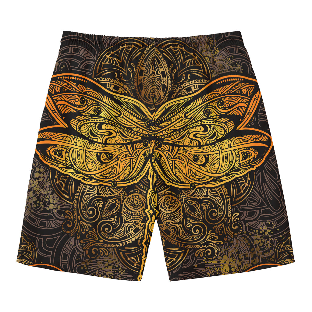 Gold Boho Dragonfly Print Men's Swim Trunks