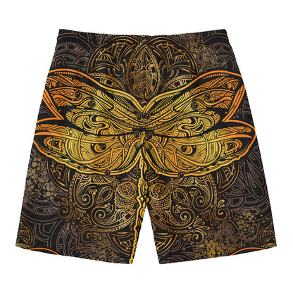 Gold Boho Dragonfly Print Men's Swim Trunks