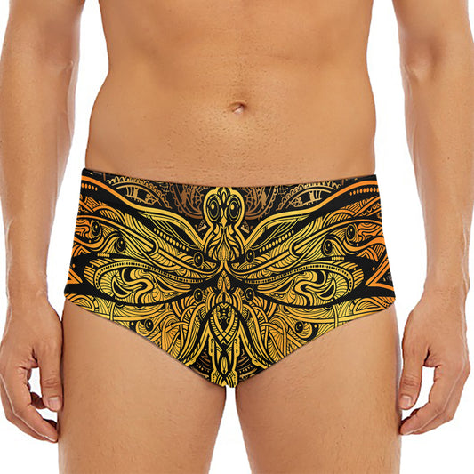 Gold Boho Dragonfly Print Men's Triangle Swim Briefs