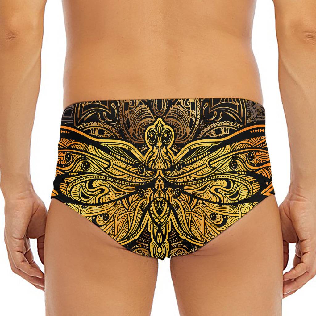 Gold Boho Dragonfly Print Men's Triangle Swim Briefs
