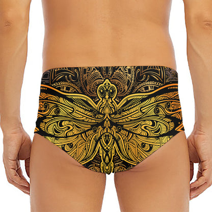 Gold Boho Dragonfly Print Men's Triangle Swim Briefs