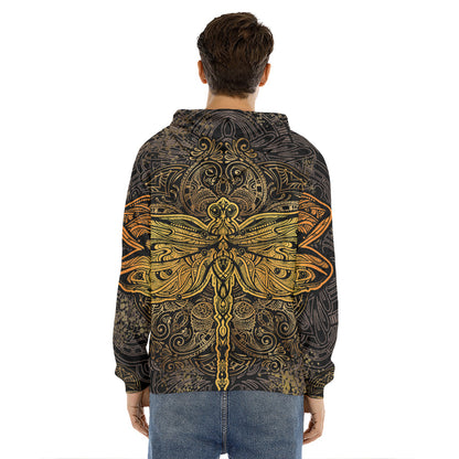 Gold Boho Dragonfly Print Men's Velvet Pullover Hoodie