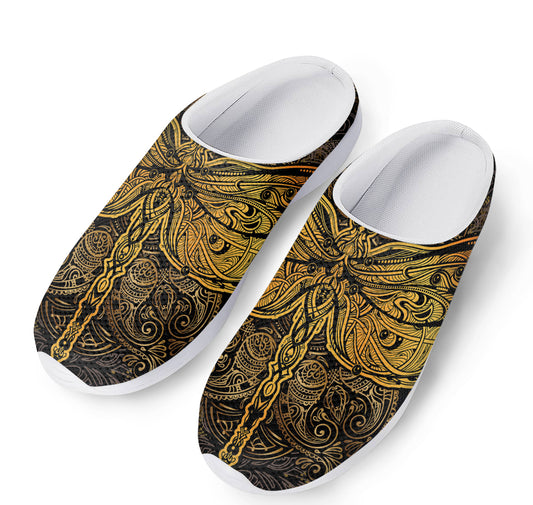 Gold Boho Dragonfly Print Mesh Casual Shoes