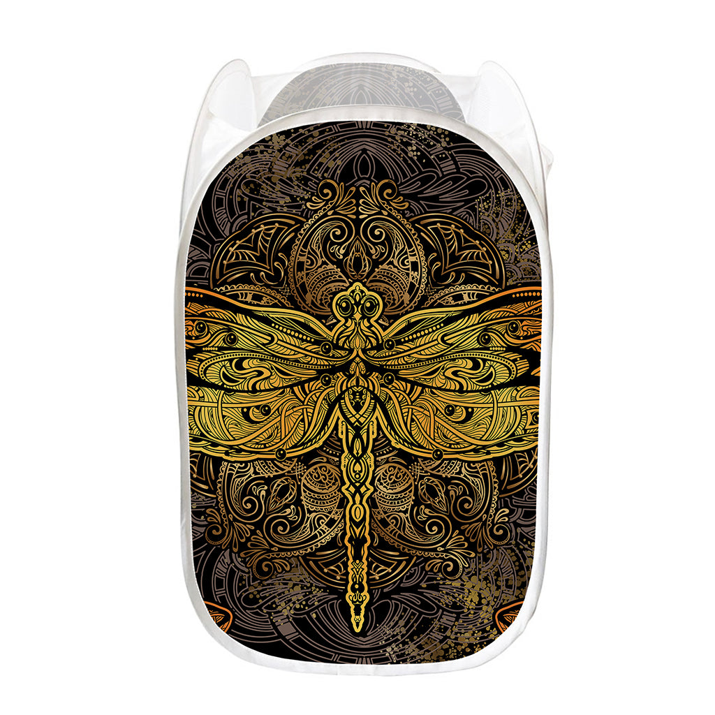 Gold Boho Dragonfly Print Mesh Laundry Hamper