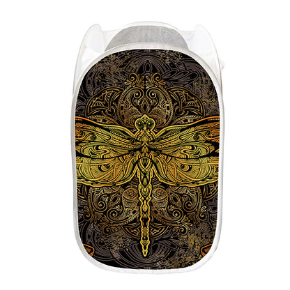 Gold Boho Dragonfly Print Mesh Laundry Hamper