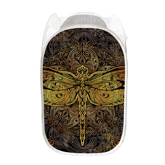 Gold Boho Dragonfly Print Mesh Laundry Hamper