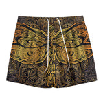 Gold Boho Dragonfly Print Mesh Shorts
