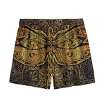 Gold Boho Dragonfly Print Mesh Shorts