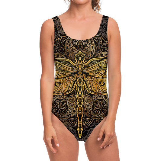 Gold Boho Dragonfly Print One Piece Swimsuit