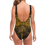 Gold Boho Dragonfly Print One Piece Swimsuit