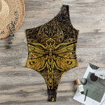 Gold Boho Dragonfly Print One Shoulder Bodysuit