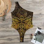 Gold Boho Dragonfly Print One Shoulder Bodysuit