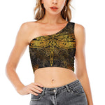 Gold Boho Dragonfly Print One Shoulder Crop Top