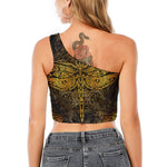 Gold Boho Dragonfly Print One Shoulder Crop Top