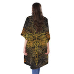 Gold Boho Dragonfly Print Open Front Beach Cover Up