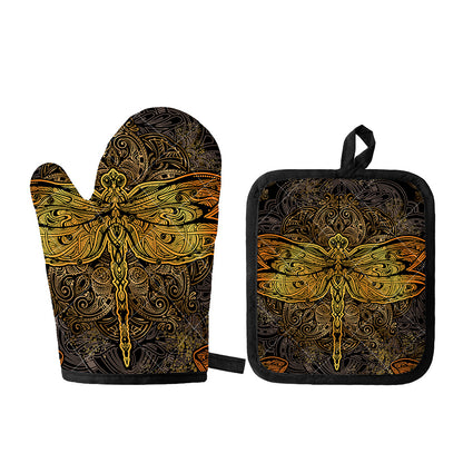 Gold Boho Dragonfly Print Oven Mitt And Pot Holder Set
