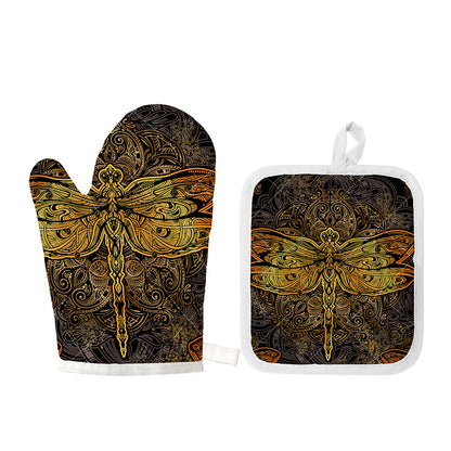 Gold Boho Dragonfly Print Oven Mitt And Pot Holder Set