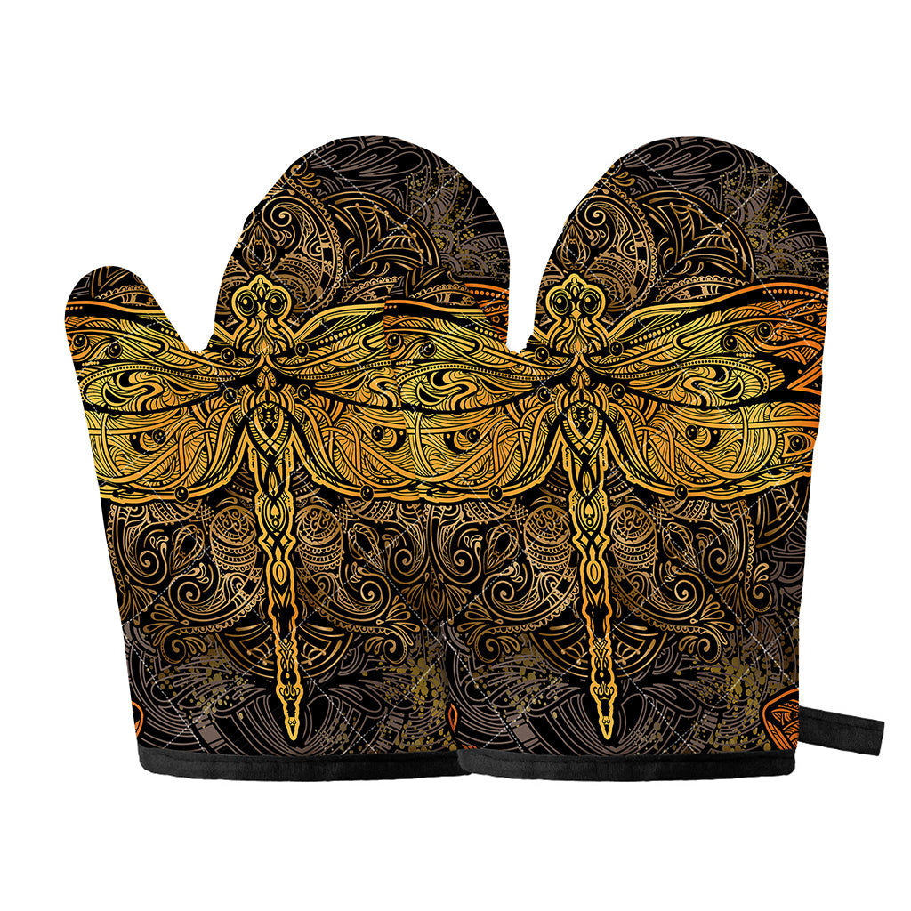 Gold Boho Dragonfly Print Oven Mitts