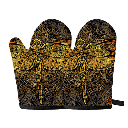 Gold Boho Dragonfly Print Oven Mitts