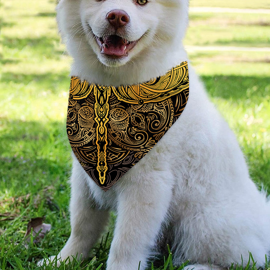 Gold Boho Dragonfly Print Over The Collar Dog Bandana
