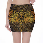Gold Boho Dragonfly Print Pencil Mini Skirt
