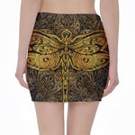 Gold Boho Dragonfly Print Pencil Mini Skirt