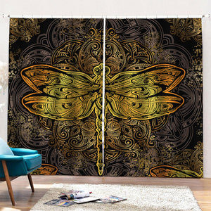 Gold Boho Dragonfly Print Pencil Pleat Curtains