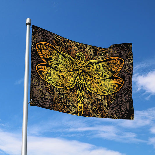 Gold Boho Dragonfly Print Polyester Flag