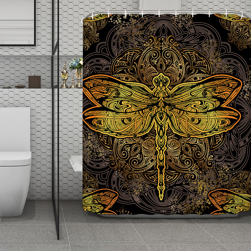 Gold Boho Dragonfly Print Polyester Shower Curtain
