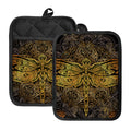 Gold Boho Dragonfly Print Pot Holders With Pocket