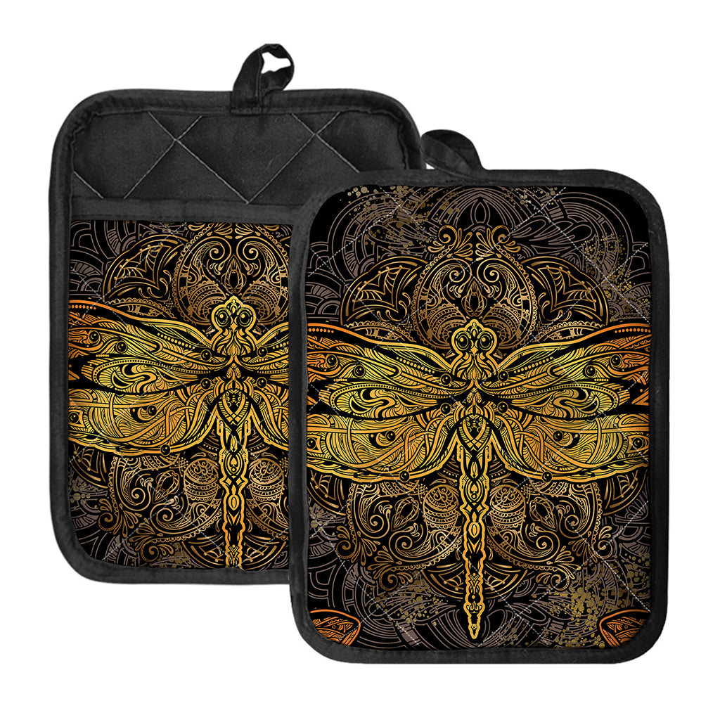 Gold Boho Dragonfly Print Pot Holders With Pocket