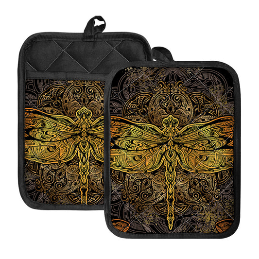 Gold Boho Dragonfly Print Pot Holders With Pocket