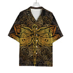 Gold Boho Dragonfly Print Rayon Hawaiian Shirt