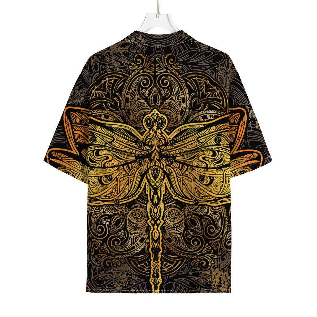 Gold Boho Dragonfly Print Rayon Hawaiian Shirt