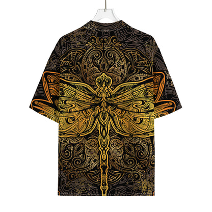 Gold Boho Dragonfly Print Rayon Hawaiian Shirt