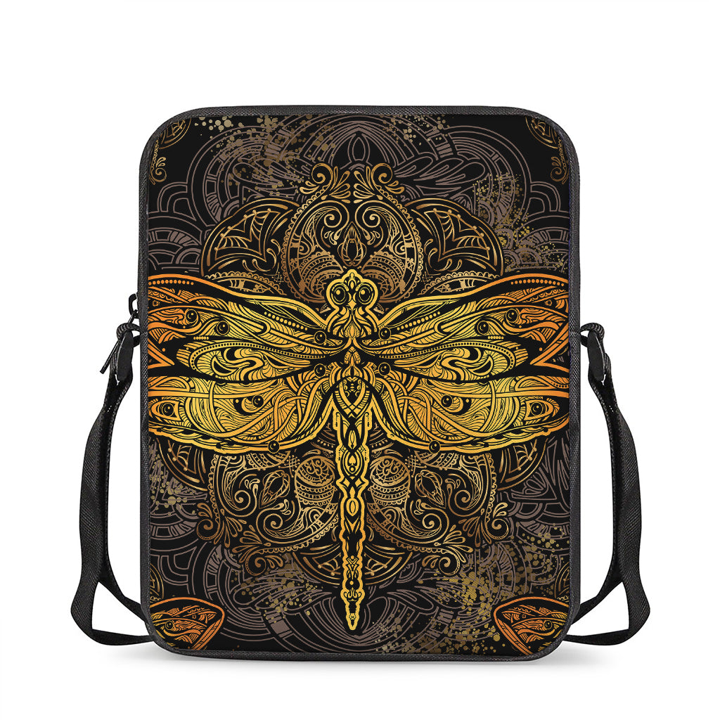 Gold Boho Dragonfly Print Rectangular Crossbody Bag