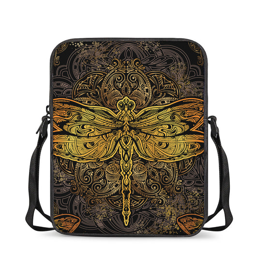 Gold Boho Dragonfly Print Rectangular Crossbody Bag