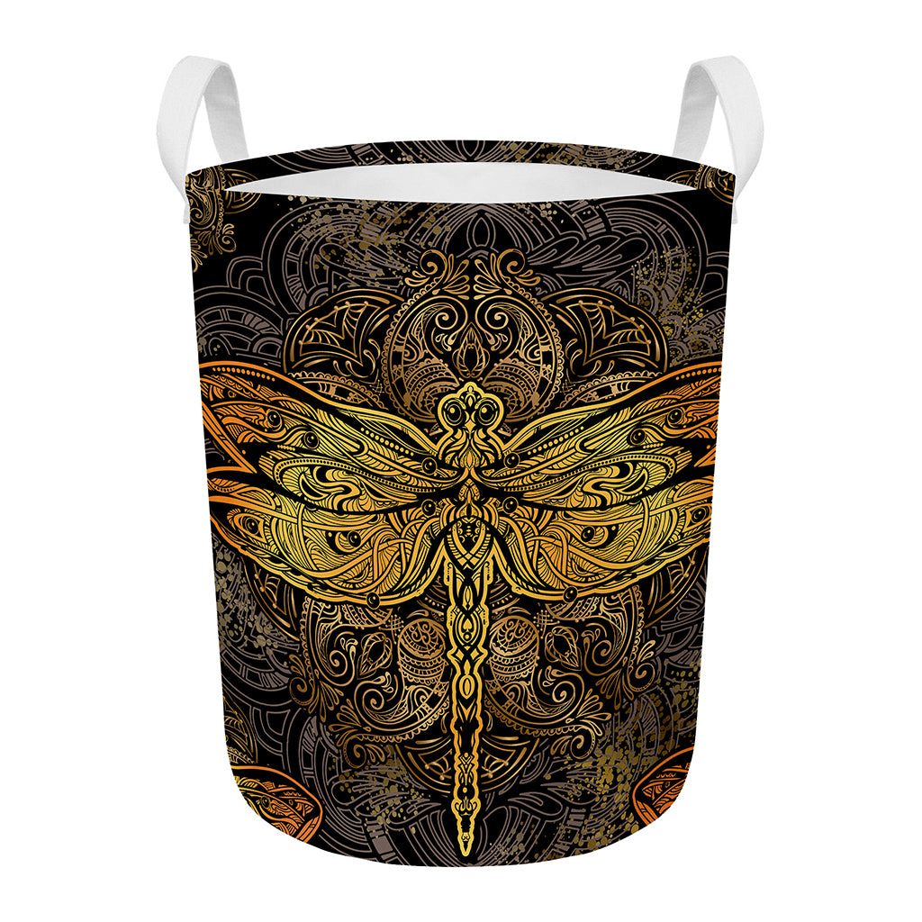 Gold Boho Dragonfly Print Round Laundry Basket