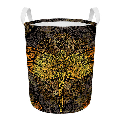 Gold Boho Dragonfly Print Round Laundry Basket