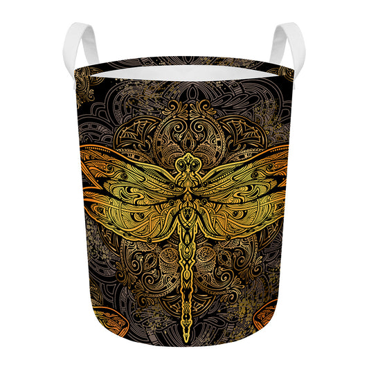 Gold Boho Dragonfly Print Round Laundry Basket
